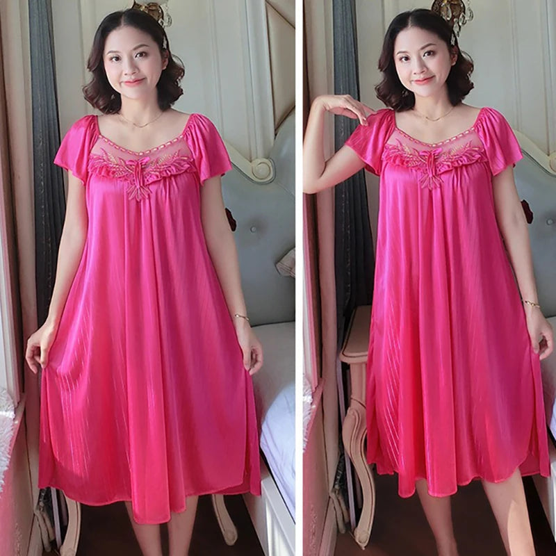 Women's Nightdress Loungewear Ladies Ice Silk Nightgowns Sleeping Dress Medium Length Short Sleeve Home Wear Pyjama Sleepwear