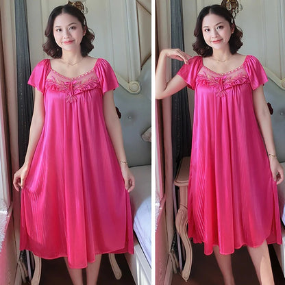 Women's Nightdress Loungewear Ladies Ice Silk Nightgowns Sleeping Dress Medium Length Short Sleeve Home Wear Pyjama Sleepwear