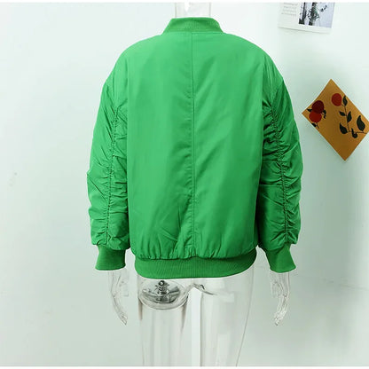 Retro Solid Zipper Cotton Jackets Women Casual Loose Bomber Jacket With Oblique Pockets Female Y2k Autumn Chic Street Outwear