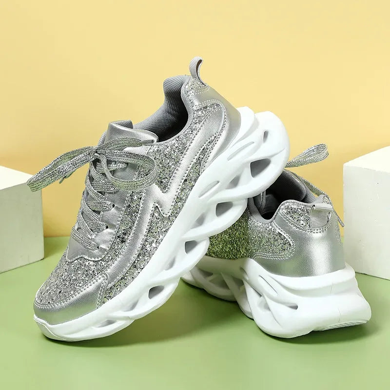 Bling Sports Shoes Women Platform Thick Sole Running Shoes Woman Sneakers Glitter Lightweight Casual Sparkling Women Shoes Pink