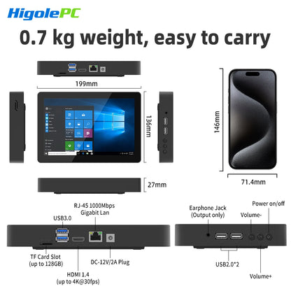 Higole F3APL 8'' Fanless Mini PC with Screen Intel J3455 Windows 10 WiFi5 4GB 64GB 2340mAh 4K Laptop Desktop PC Mini Computers