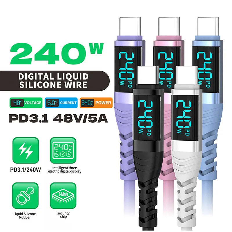 240W USB C Cable with Digital Display PD3.1 Fast Charging Cord for iPhone 17/1615 Pro Max Huawei Xiaomi iPad Laptop