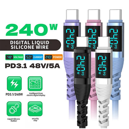 240W USB C Cable with Digital Display PD3.1 Fast Charging Cord for iPhone 17/1615 Pro Max Huawei Xiaomi iPad Laptop
