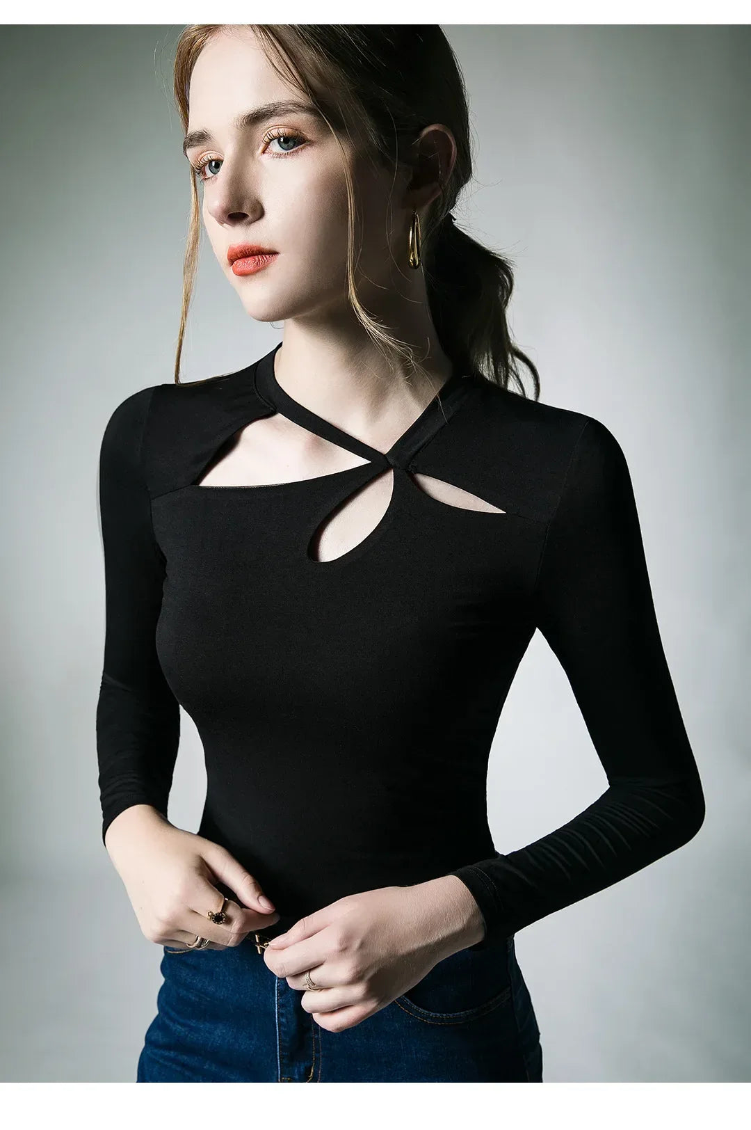Spring Autumn Modal T-shirts Women Long Sleeve Irregular Collar Hollow Out Tees Shirts Female Base Tops