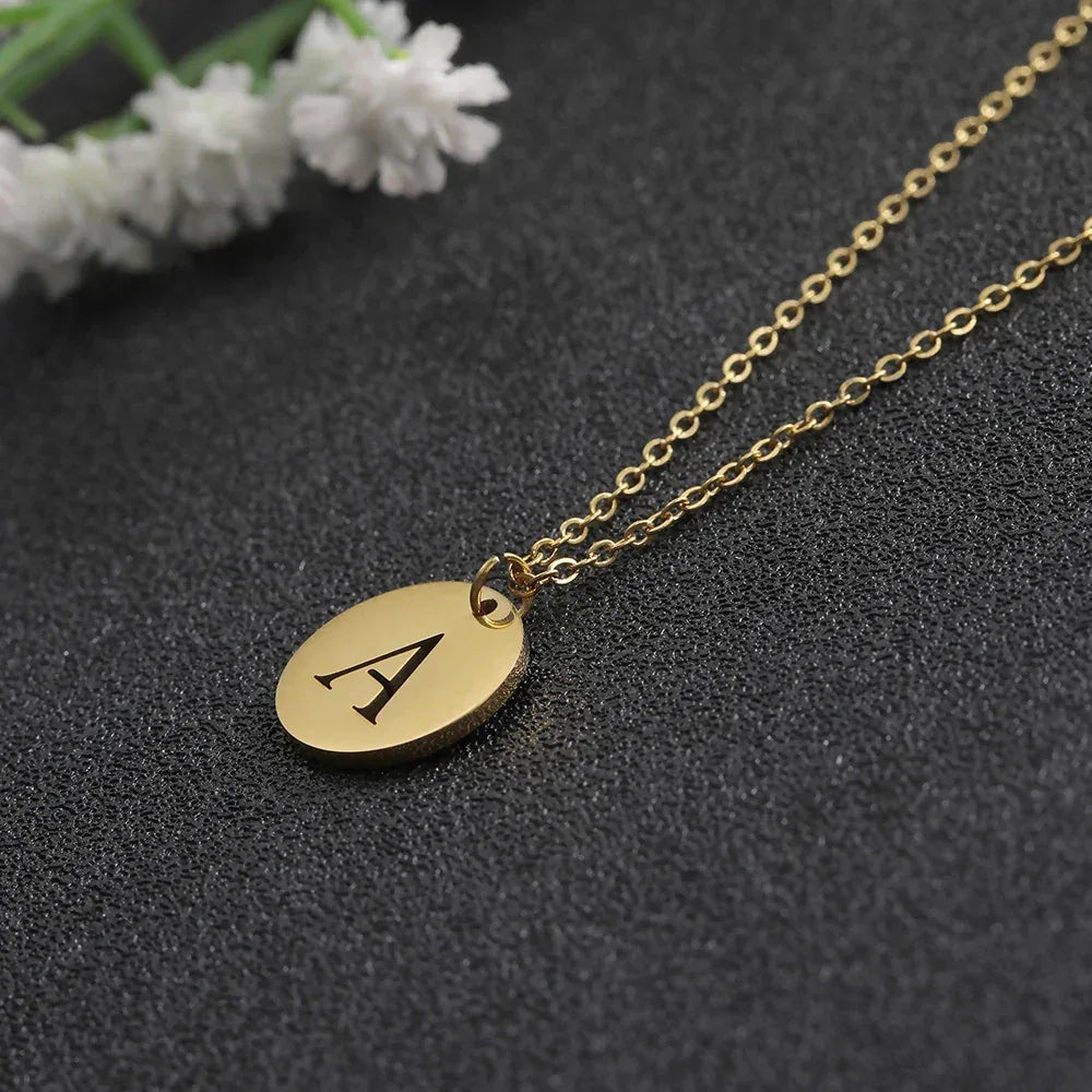 New Trend Stainless Steel Gold Silver Color Initials Necklace Hollow Round 26 Letter Pendant Necklace Jewelry Christmas Gift