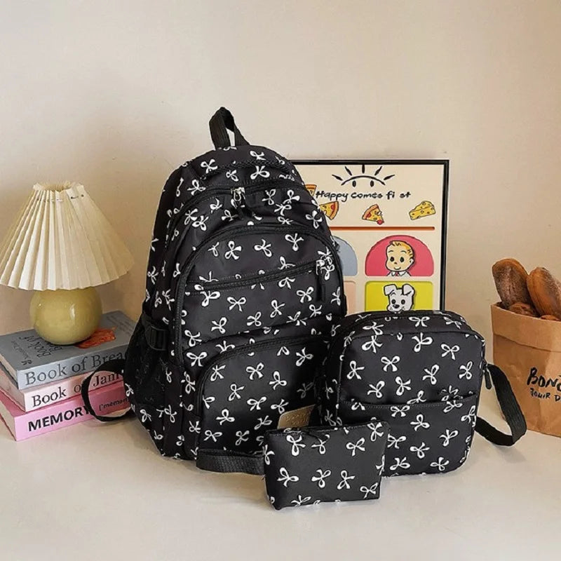 3 Pcs/Set Cute girl Large Capacity Backpack Bow Print Nylon Schoolbag Adjustable Strap Women daily Campus Backpack