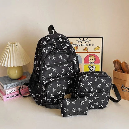 3 Pcs/Set Cute girl Large Capacity Backpack Bow Print Nylon Schoolbag Adjustable Strap Women daily Campus Backpack