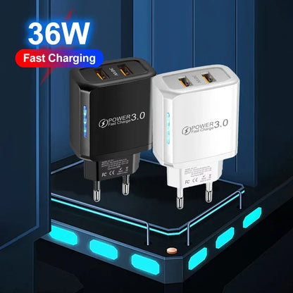 2 USB Charger 36W Fast Charging Double USB Quick Charge 3.0 for Samsung Xiaomi 14 HUAWEI OPPO Oneplus Mobile Phone Wall Adapter