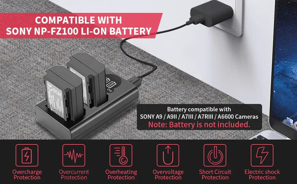 Dual Camera Battery Charger for Sony NP-FW50 FZ100 BX1 Canon LP-E6 E8 E17 NB-13L fuji NP-W235 W126 Nikon EN-El15 EL25 Panasonic