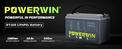 POWERWIN BT100 12.8V 100Ah 1280Wh LiFePO4 Battery 4000+Deep Cycle Rechargeable Built-in BMS Grade A Cell Solar Power Inverter