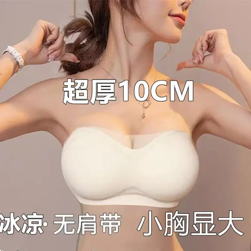 10CM Extra Thick Cooling Seamless Strapless Bra  Push Up Tube Top for Small Chest, Anti-Slip Lift, Anti-Sagging Invisible Bra