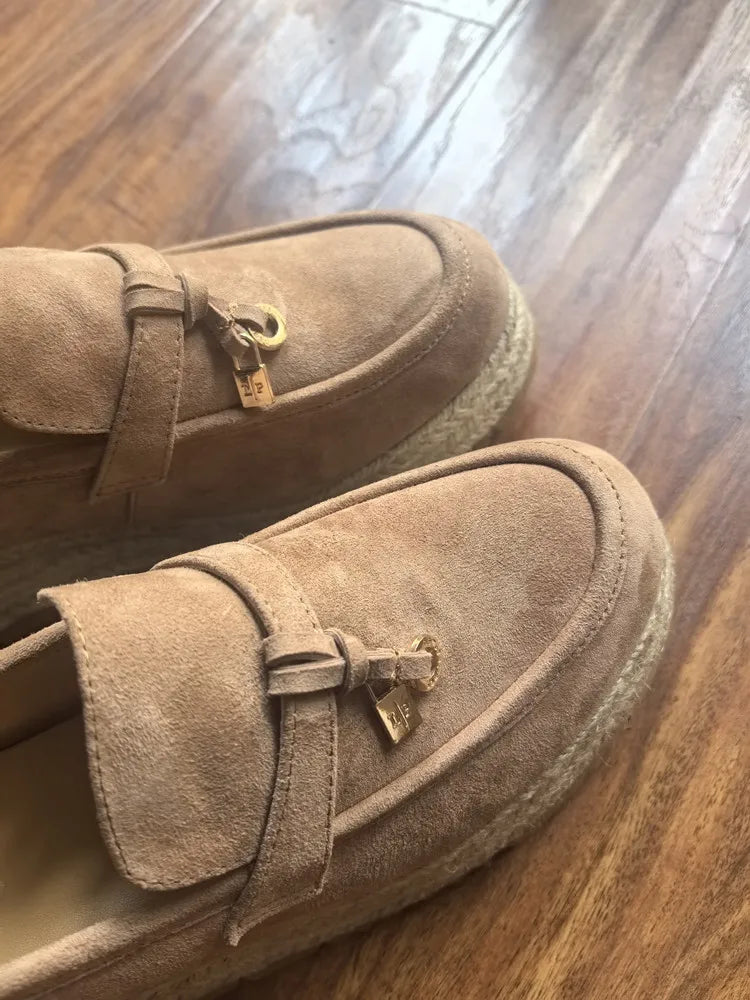 MKKHOU Fashion Loafers New High Quality Real Leather Suede Vintage Straw Braid Platform Shoes Daily Casual Light Shoes Neutral