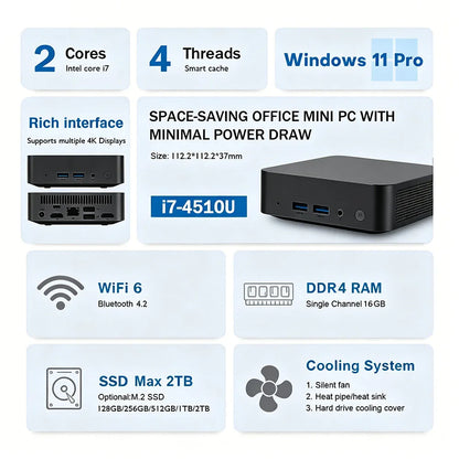 2026 Mini PC Windows 11 Pro Intel Core i7-4510U Minipc Computer 16GB RAM 1TB 2TB SSD WiFi6 USB Portable Mini Desktop PC Office