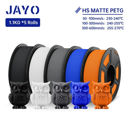 JAYO PETG 3D Filament 1.75MM High Speed PETG 3D Printer Filament 5Rolls High Flow Speedy Matte Effect 3D Printing Mateials