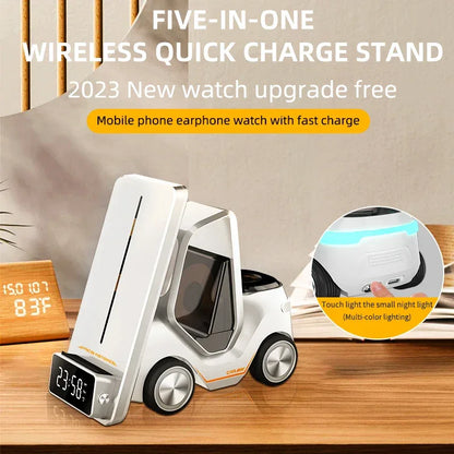 Wireless Charger 4 in 1 Forklift Design Fast Charging Dock with Alarm Clock Time For iPhone/iWatch/AirPods Pro