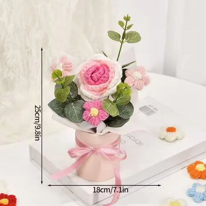 DTCTK Knitted Flower Bouquet Crochet Rose Flowers Hugging Bucket Christmas Gifts Living Room Desk Decoration Valentine's Day Gif