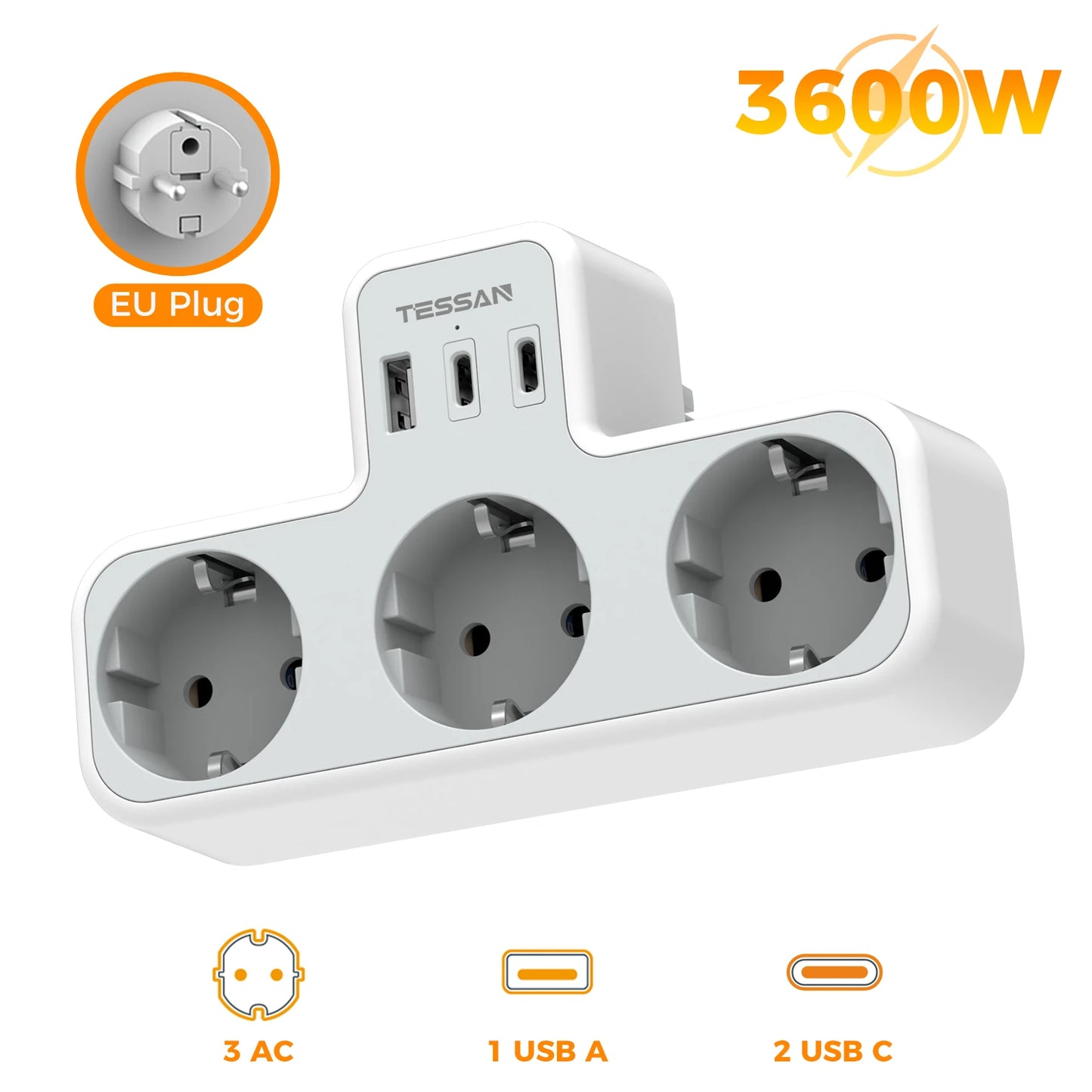 Tessan Multiple EU Standard USB Socket Wall Socket 6 in 1 Plug Socket with 3 AC Outlets with USB Charging Ports for Home Office