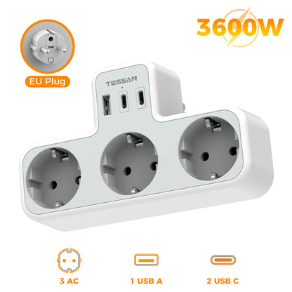 Tessan Multiple EU Standard USB Socket Wall Socket 6 in 1 Plug Socket with 3 AC Outlets with USB Charging Ports for Home Office