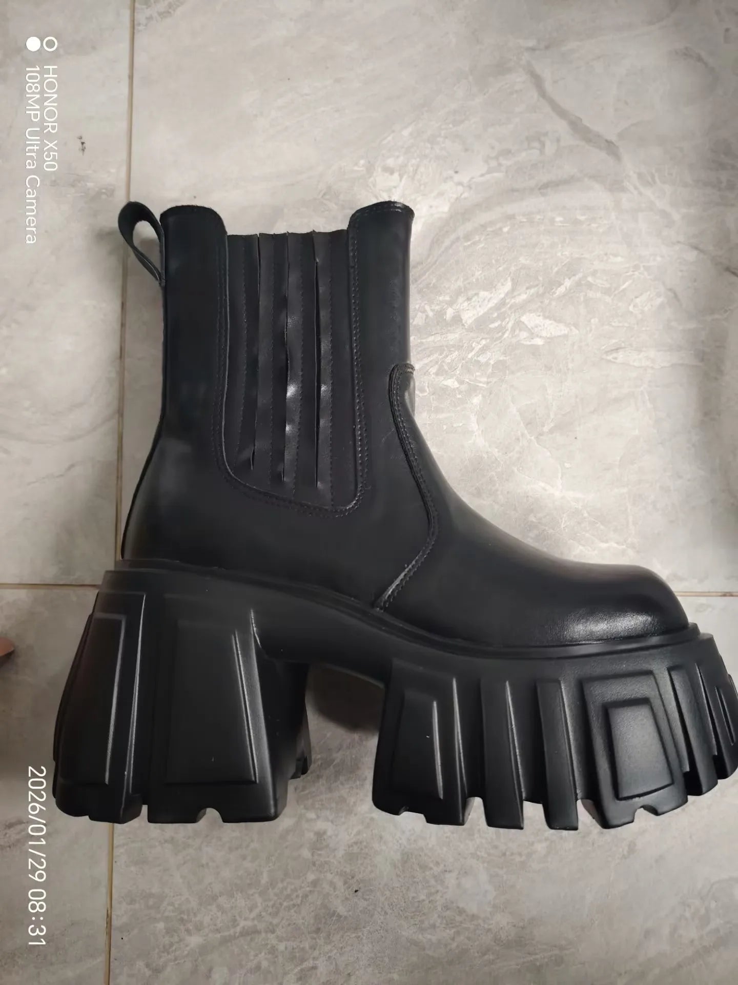 Super High Chunky Heel Platform Chelsea Women's Autumn Small Elevator Ankle Thin Smoke Pipe Genuine Leather Boots