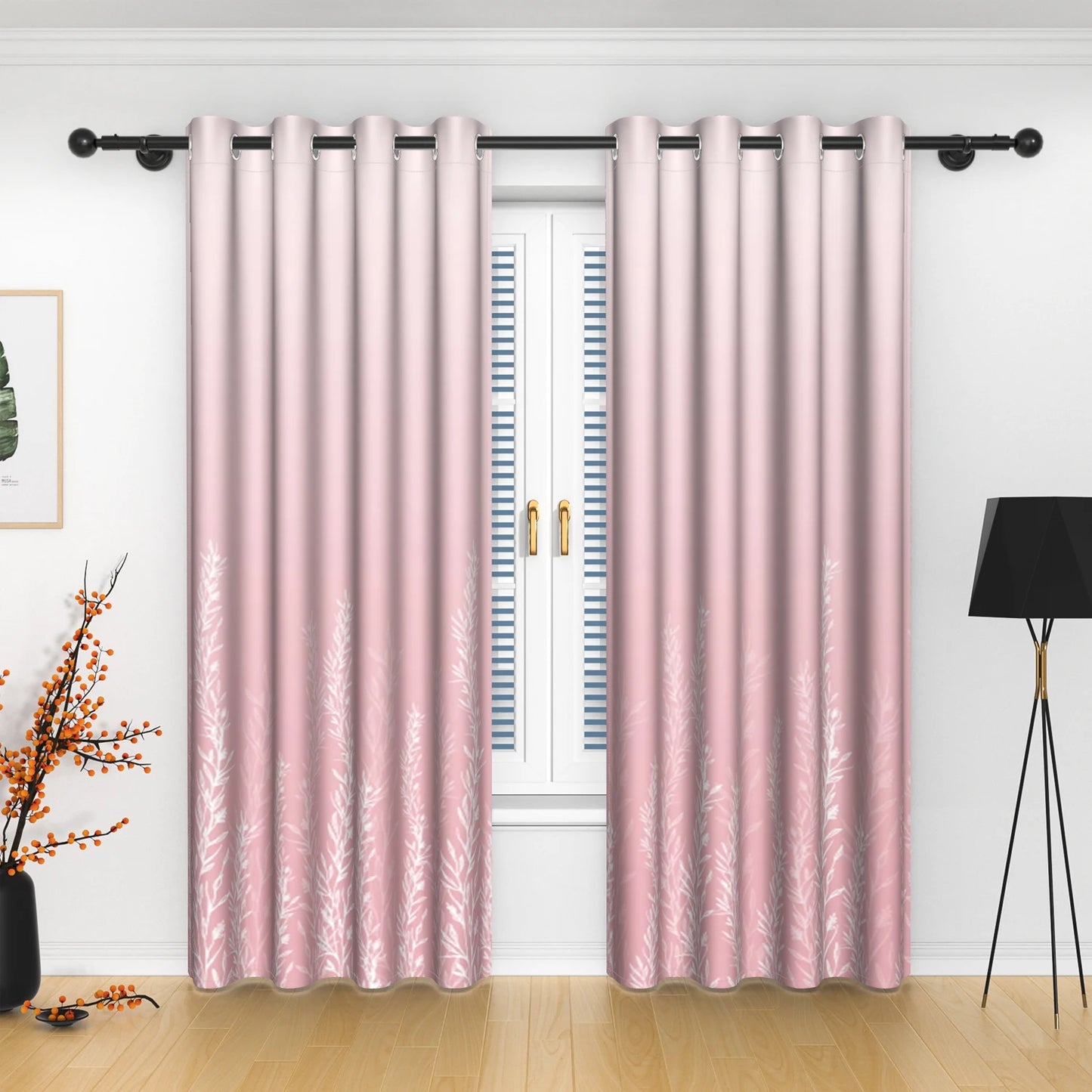 2pcs/set Solid Color Gradient Window curtains Bottom Leaf Print Thermal Insulated Polyester Bedroom Living Room Blackout Curtain