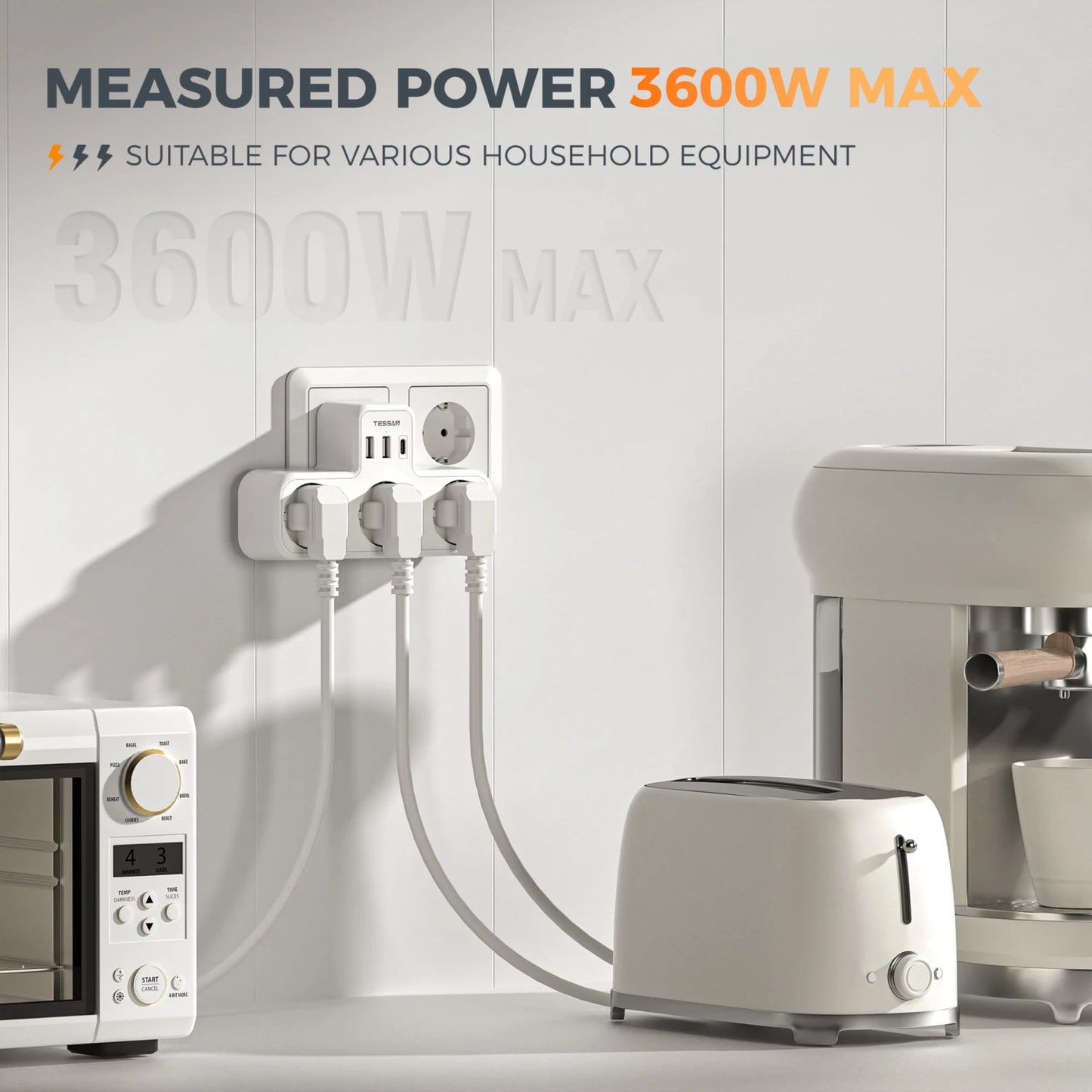Tessan Multiple EU Standard USB Socket Wall Socket 6 in 1 Plug Socket with 3 AC Outlets with USB Charging Ports for Home Office