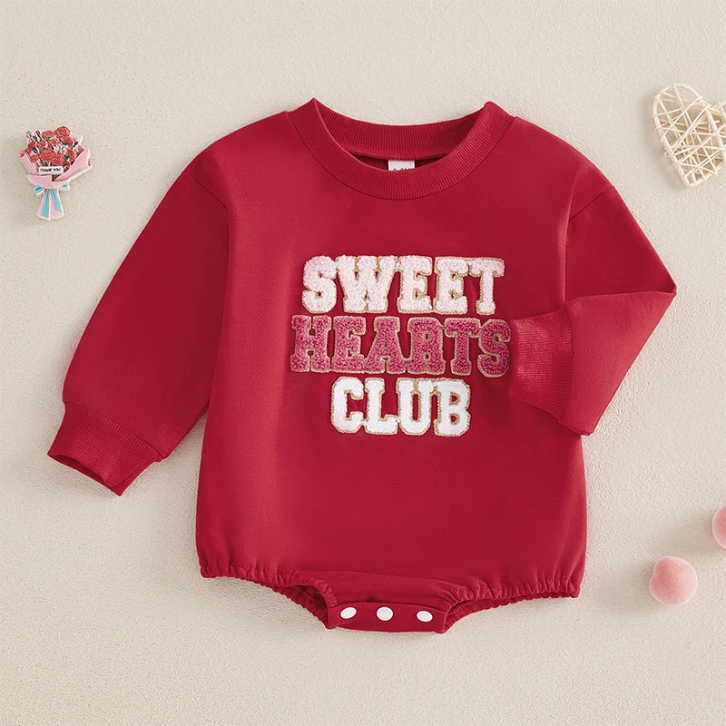 Newborn Baby Girl Boy Sweatshirt Romper Autumn Spring Letter Embroidered Long Sleeve Round Neck Jumpsuits for Valentine's Day
