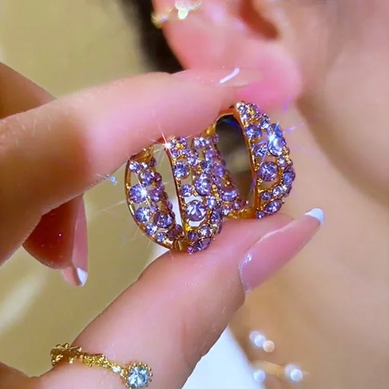 2024 Retro Purple Zircon Hollow Hoop Earrings for Women New Fashion Trend Exquisite Elegant Ladies Wedding Premium Party Jewelry