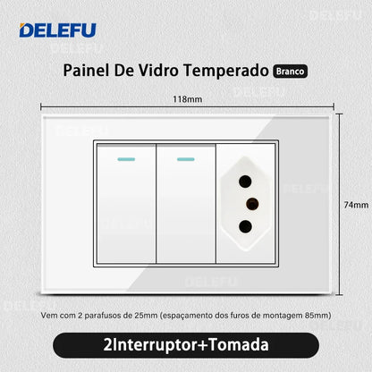 DELEFU 4*2 White Tempered Glass Brazil Standard Outlet with Double USB Type C Wall Power Socket Smart Switch Tuya Wifi 10A 20A