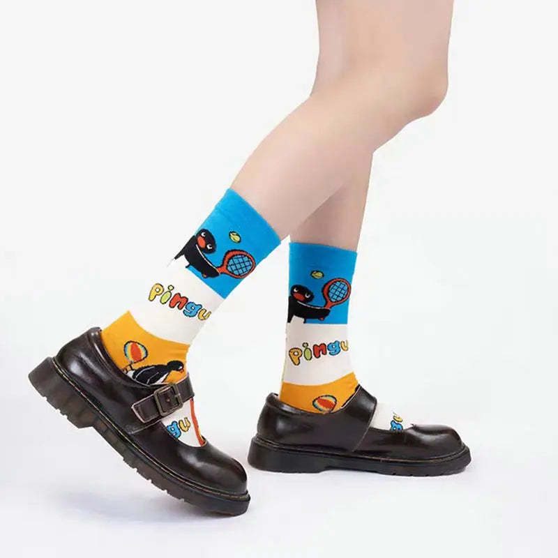1/2Pairs Autumn and Winter Season Trendy Cartoon Cute Original Versatile Animal Colorful Pattern Simple Penguin Middle Socks