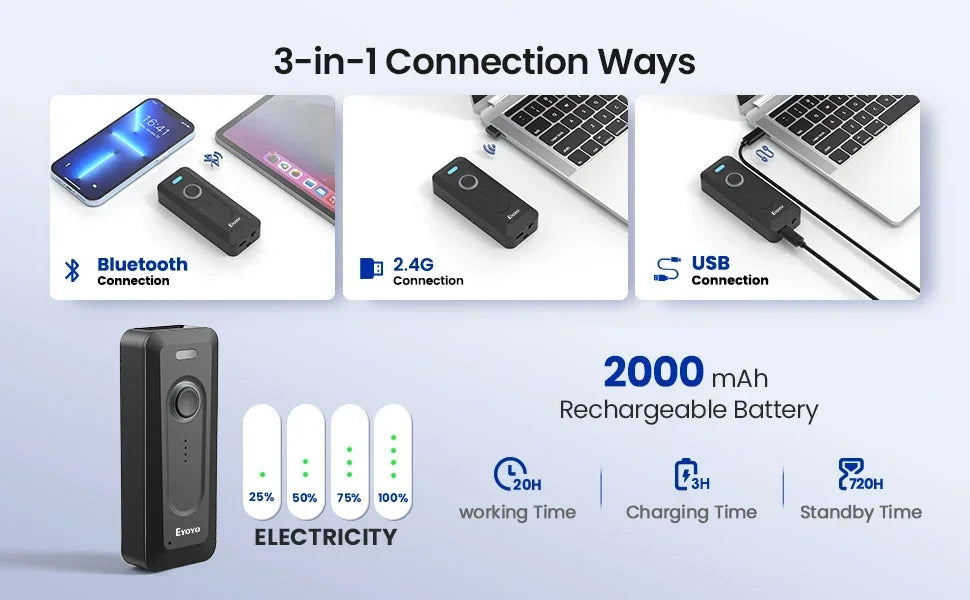 Eyoyo 2D Bluetooth Barcode Scanner Wireless Portable Mini QR Bar Code Reader Scanner with Clip 2000mAh Battery