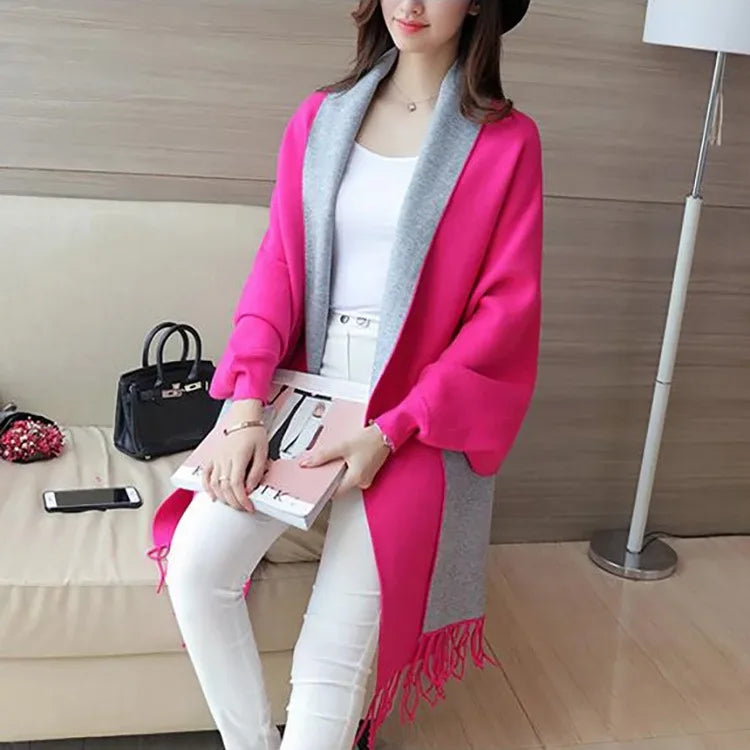Autumn Winter Tassel Long Sweater Cardigans Casual Korean Long Sleeve Cloak Patchwork Knitwear Coats Outwaer LMFS-LM-8015
