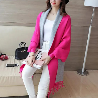 Autumn Winter Tassel Long Sweater Cardigans Casual Korean Long Sleeve Cloak Patchwork Knitwear Coats Outwaer LMFS-LM-8015