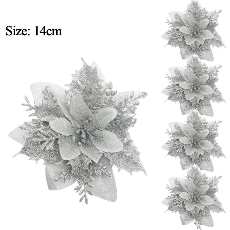 10/1Pc Christmas Glitter Artificial Flowers DIY Christmas Tree Hanging Ornaments Fake Flower For Xmas New Year Party Decor Gifts