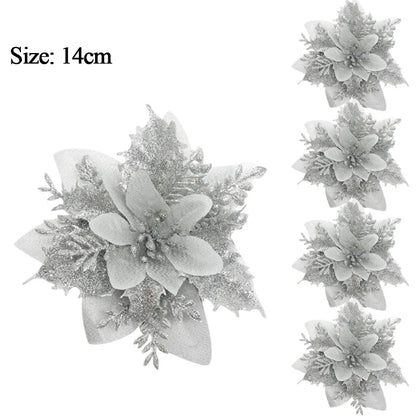 10/1Pc Christmas Glitter Artificial Flowers DIY Christmas Tree Hanging Ornaments Fake Flower For Xmas New Year Party Decor Gifts