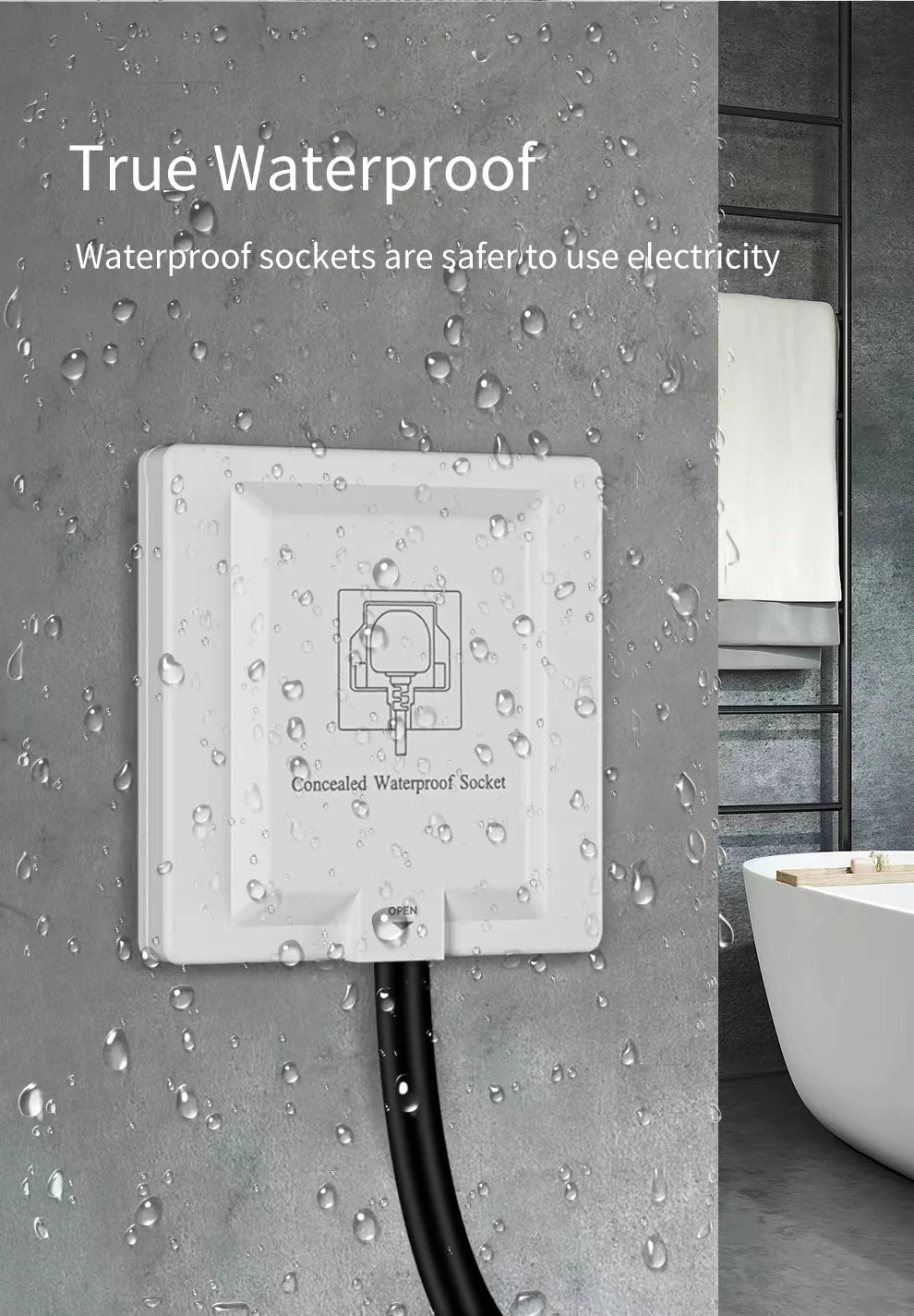 UK Plug 13A Recessed Bathroom Socket Panel with Hidden Waterproof Plug and Built-in Type 86 Kitchen Invisible 220V Socket