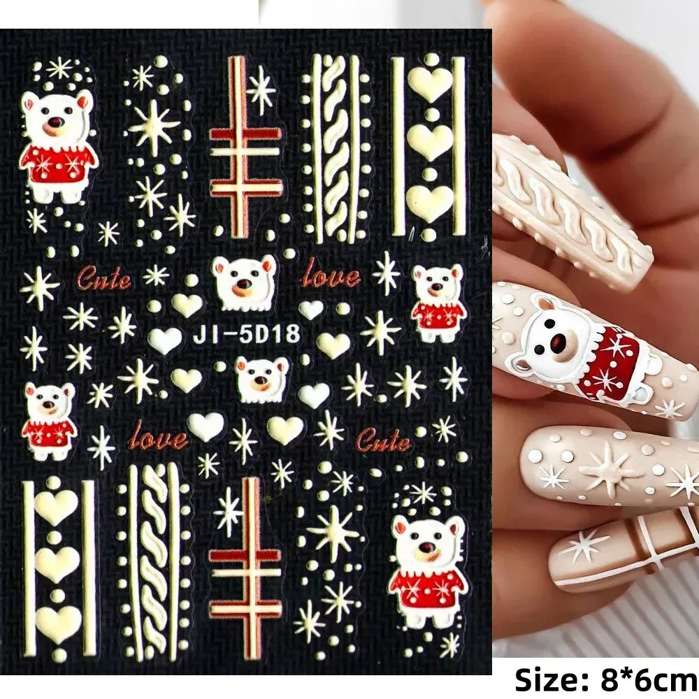 1pc Christmas Nail Art Stickers 5D Winter Holiday Themed Nail Decor Santa/Snowflakes/Christmas Trees/Gingerbread Nail Supplies *