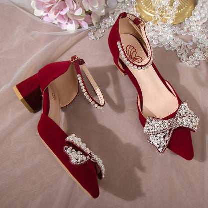 Maogu 2023 Pearl Bowtie Ankle Strap High Heels Shoes Woman Beige Red Bling Crystal Wedding Shoes Elegant Med Heels Women's Pumps