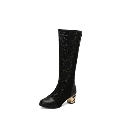 Spring and Autumn New Style Fashion square Heel Mesh Hollow Women's Boots Sweet Breathable knee high boots high 5.5cm size 34-47