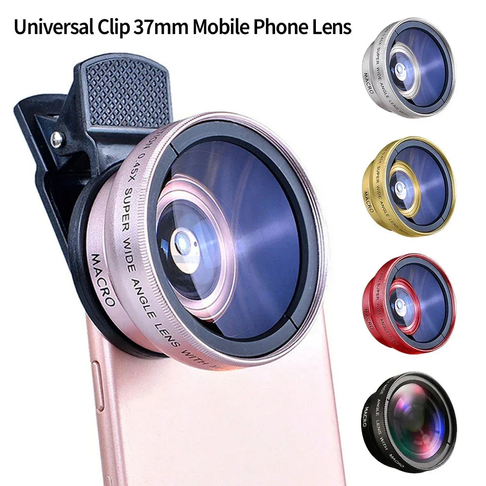Professional 2 in 1 Lens Universal Clip 37mm Cell Phone Lens 0.45x 49uv Super Wide Angle + Macro HD Lens for All Smartphones
