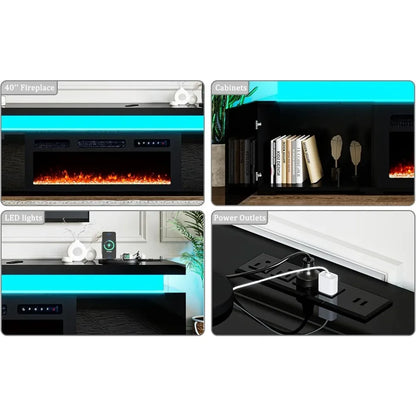 85’’ Fireplace TV Stand for 90 Inch TVs, Modern Entertainment Centers with LED Lights, High Gloss TV Console with 40’’ Electric
