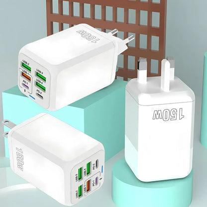 150W Multi Port USB Charger 6 Ports Fast Charge Phone Charger Wall Adapter For iPhone Samsung Xiaomi EU/US/UK Plug Quick Charger