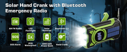 Emergency Crank Solar Radio 5000mAh Rechargeable Battery Portable AM/FM Radio with Bluetooth Auto Scan Waterproof LED Flashlight