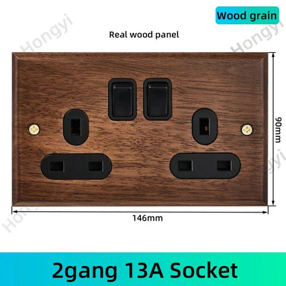 Black walnut retro European retro wall lamp switch socket, solid wood brass toggle switch board 1-4Gang 2Way antique home switch