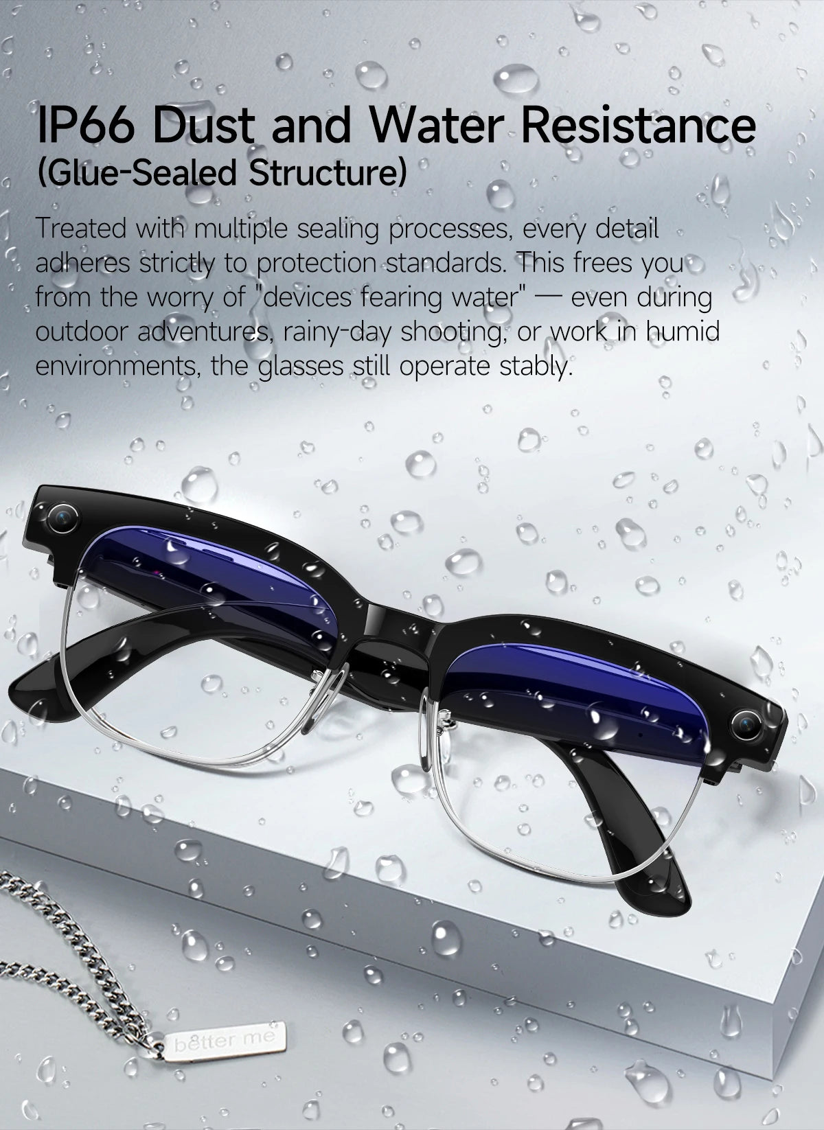 Lunettes intelligentes avec traduction IA, caméra HD 8 mégapixels, stabilisation optique de l'image, double microphone et réduction du bruit.
