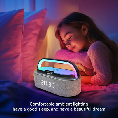 OKOP Bluetooth Speakers,6 in 1 Multi-function,Alarm Clock, Wireless Charger RGB Night Light , Audio,portable Speaker,White Noise