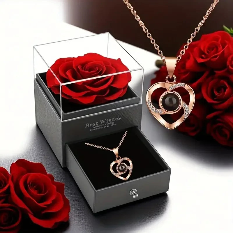 Eternal Red Rose Gift Box with Golden Heart Necklace - Anniversary, Valentine's Day,Mother'S Day , Christmas,Birthday Present