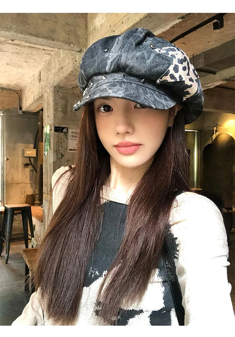 American Punk Style Rivet Star Design Octagonal Hats for Women Spring and Autumn Casual Versatile Retro Washed Denim Berets Cap