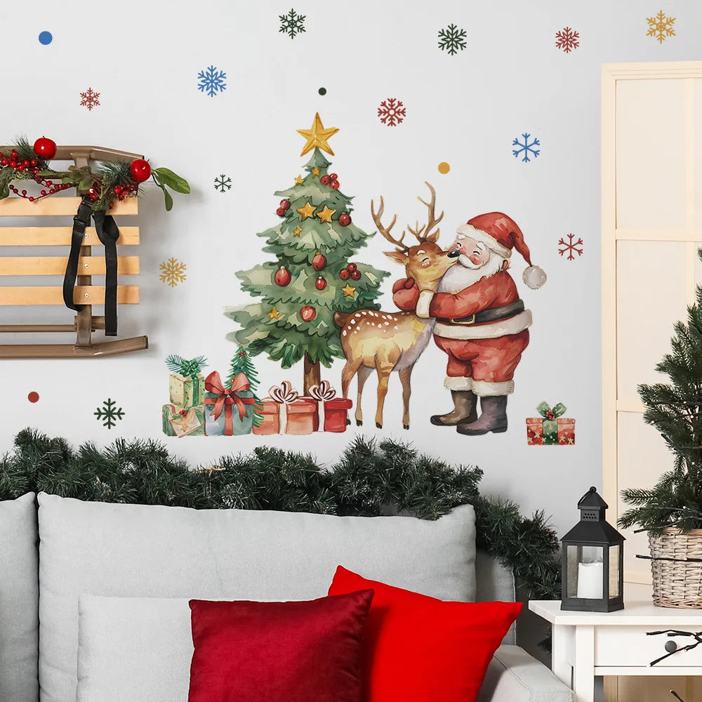 Cartoon Santa Claus Elk Wall Stickers Christmas Gifts Living Room Background Home Decoration Festival Mural New Year Wallpaper
