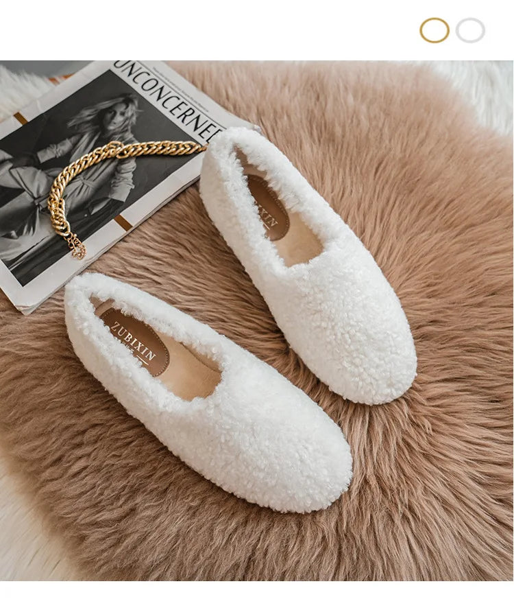 Big Size 43 Women Lambswool Slippers Winter Sheep Fur Shoes Ladies Flat Cotton Slides Home Pantuflas Daily Slip On Furry Mules