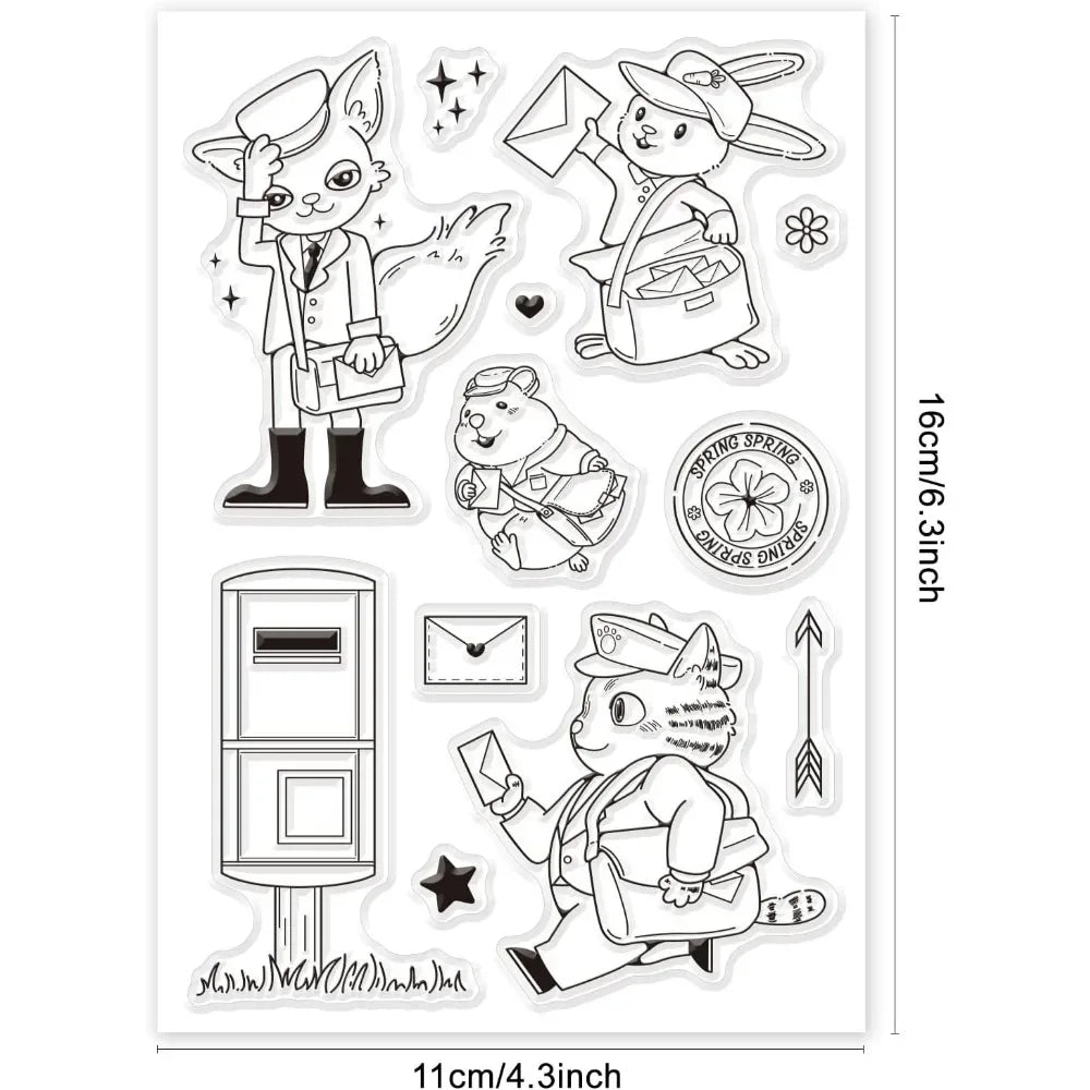 Animal Postman Silicone Clear Stamps Fox Hamster Rabbit Cat Transparent Stamps for Birthday Valentine's Day Cards Making DIY